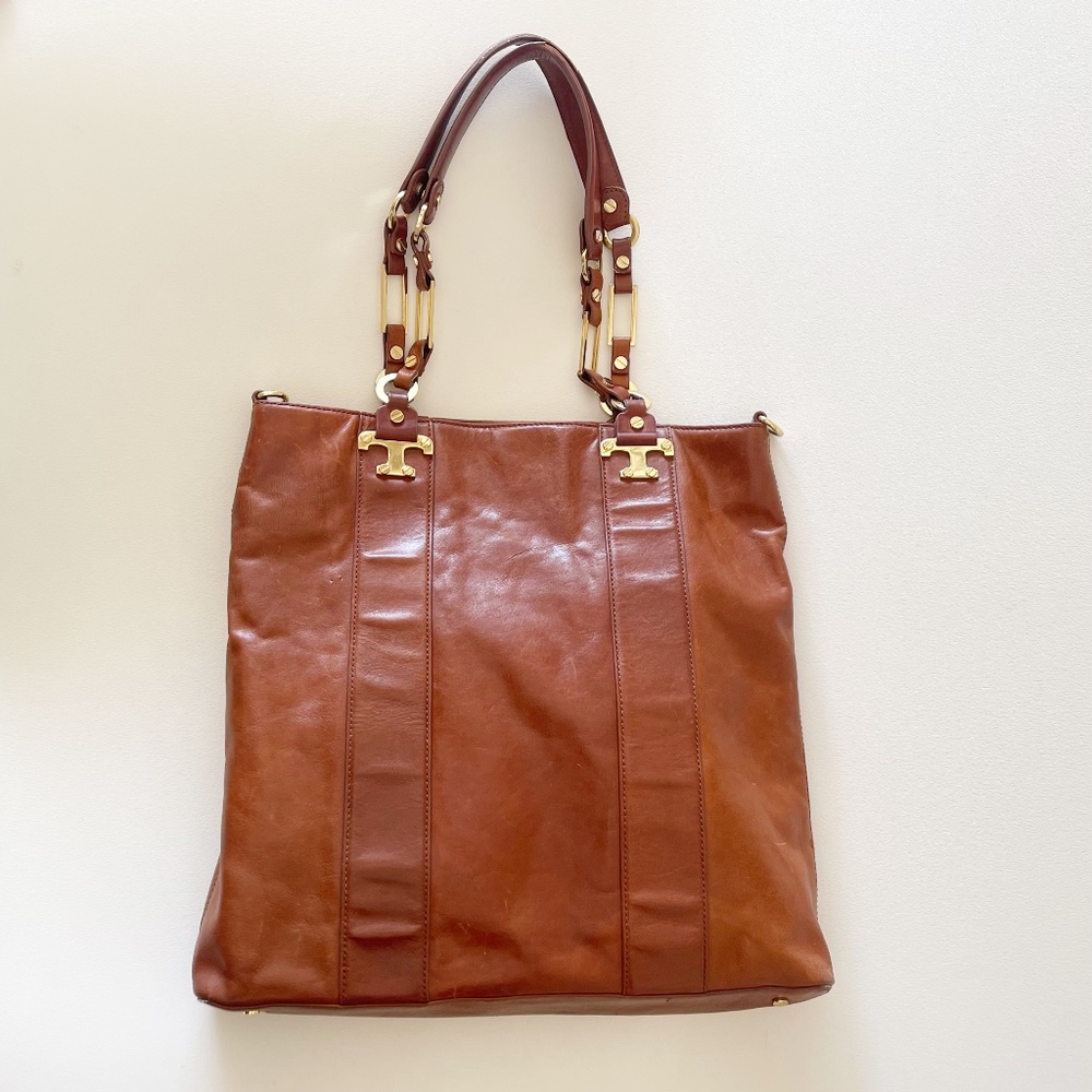 Tory Burch NicoTote Bag Satchel Leather Large Designer Minimalist Classic Brown